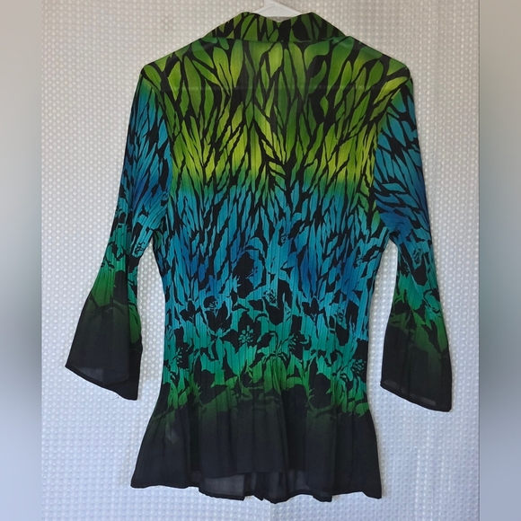 Sheer Chiffon Blouse Green Blue Ombre Floral Top Flowy Bell Sleeve Work to Weeke - Picture 9 of 11